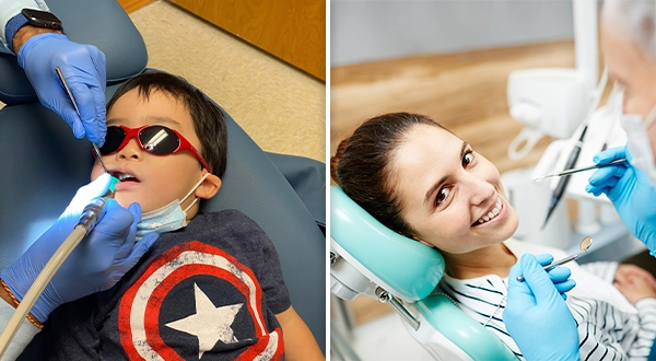 Collage Of Kid In Sunglasses And Lady At The Dentist